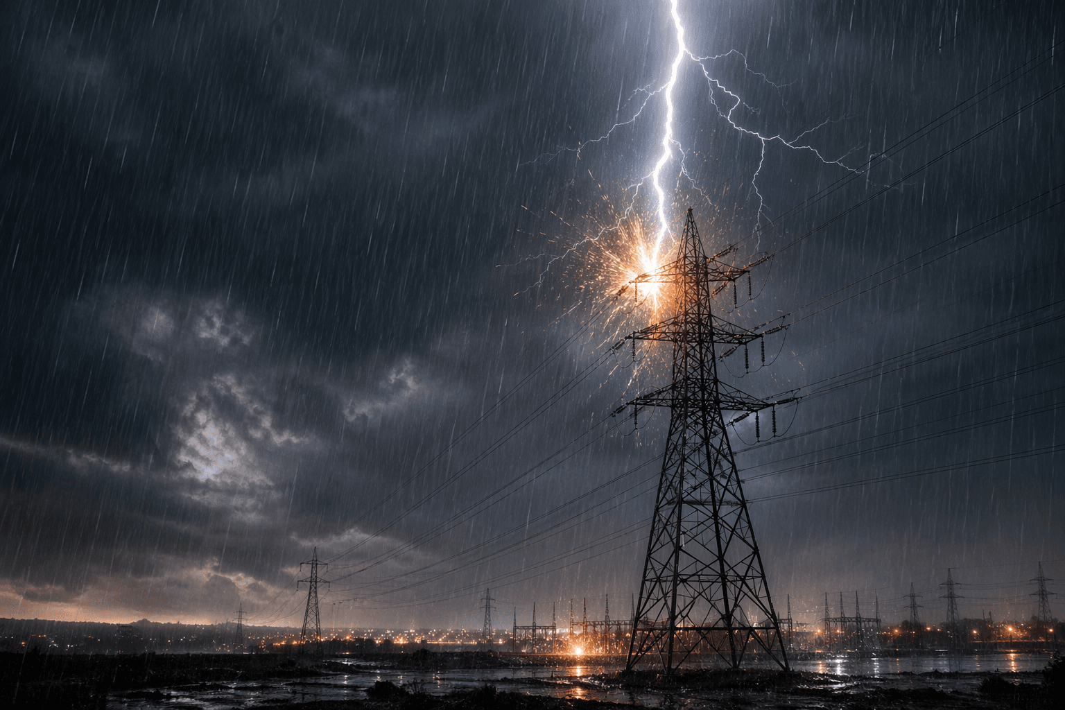 Torre de transmisión durante una tormenta con rayos