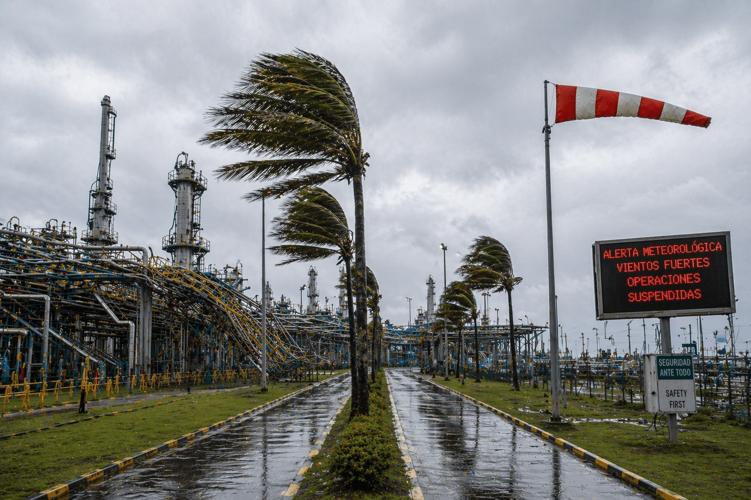 Instalación industrial bajo lluvia y viento fuerte